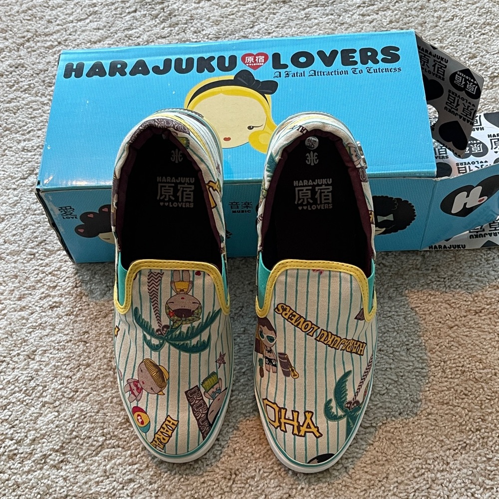 RARE VINTAGE NEW IN BOX Harajuku Lovers Colorful Slip-On HAWAII Sneakers sz.9.5